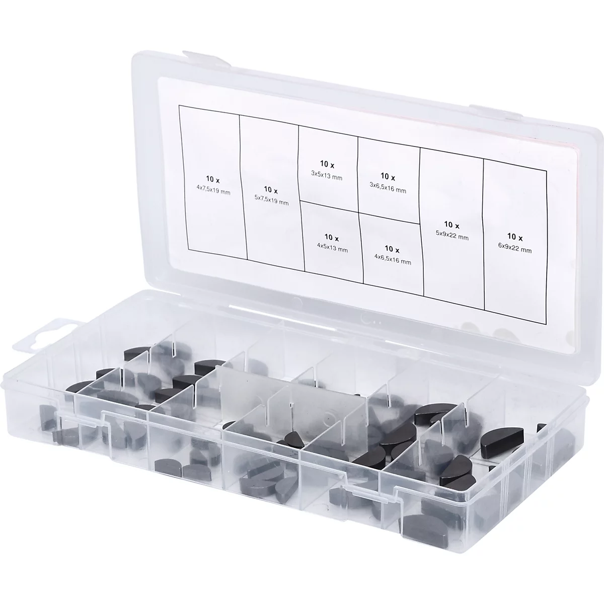 Kunststoffkasten mit Keilen in verschiedenen Größen.